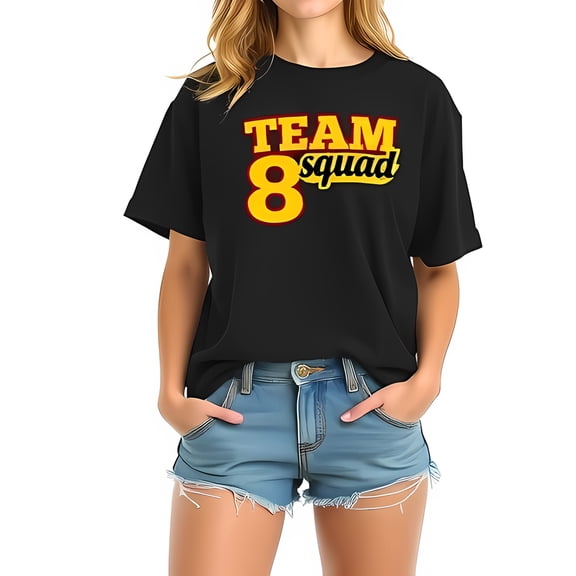 Oversized Black T-Shirt with Bold 'TEAM 8 Squad' Graphic - Casual Summer Tee for Women