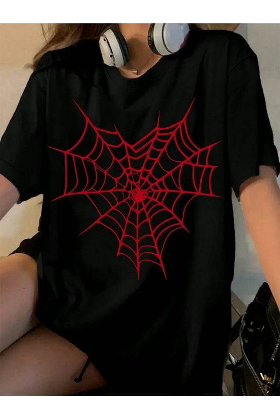 Oversized Black T Shirt with Red Spider Web Graphic