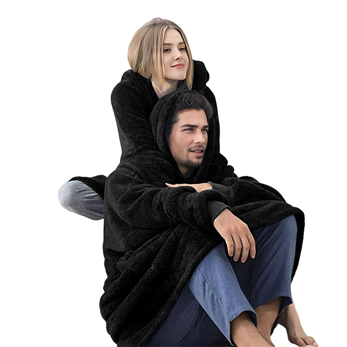 Oversized Blanket Hoodie Sweatshirt, Wearable Lounging Pullover for Adults Women Men Black One size
