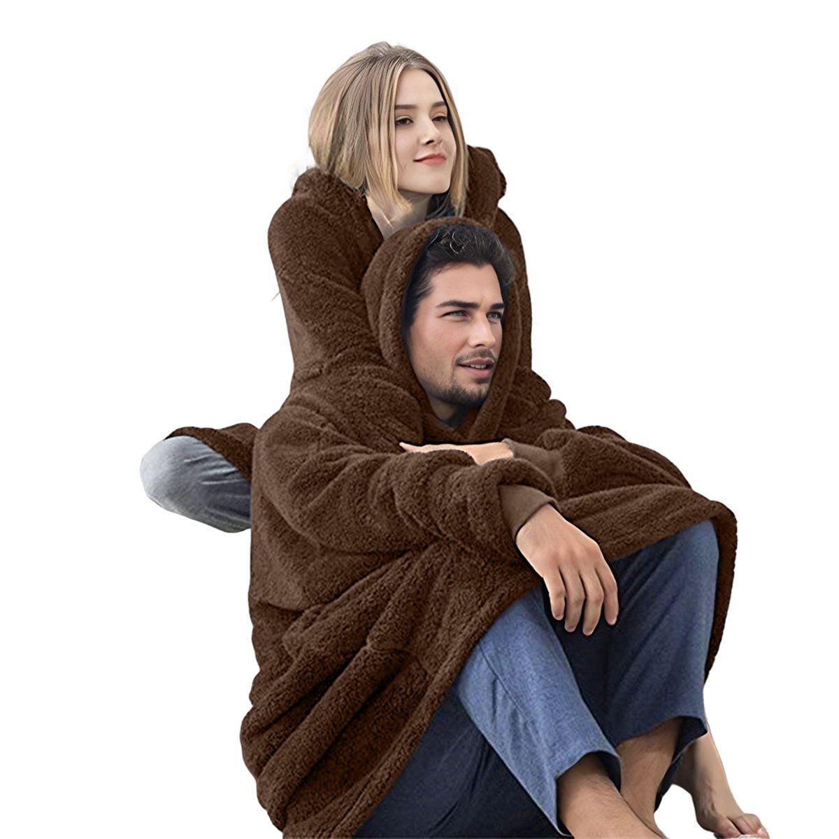 Oversized Blanket Hoodie Sweatshirt, Wearable Lounging Pullover for Adults Women Men Brown One size
