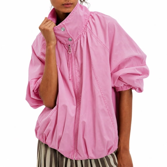 Oversized Bomber Jacket Women Stand Collar Windbreaker Polyester Fall Utility Coat