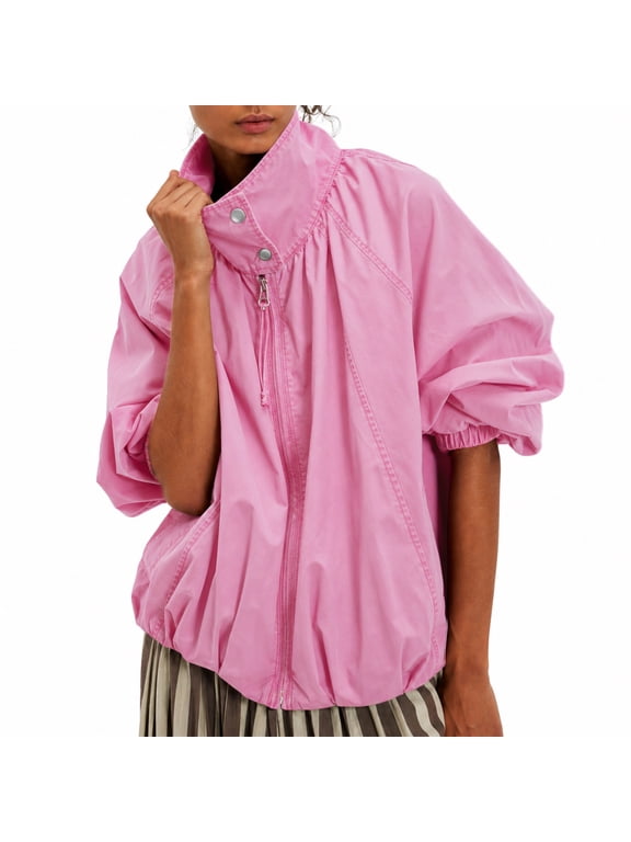 Oversized Bomber Jacket Women Stand Collar Windbreaker Polyester Fall Utility Coat