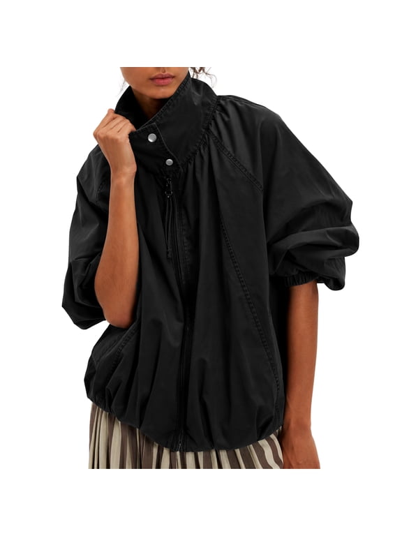 Oversized Bomber Jacket Women Stand Collar Windbreaker Polyester Fall Utility Coat