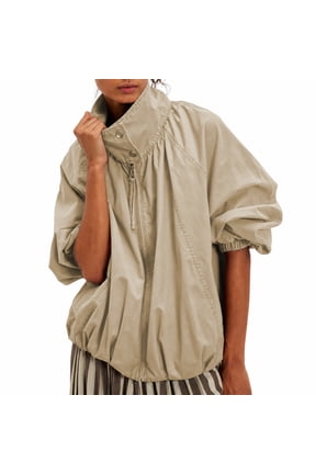 Oversized Bomber Jacket Women Stand Collar Windbreaker Polyester Fall Utility Coat
