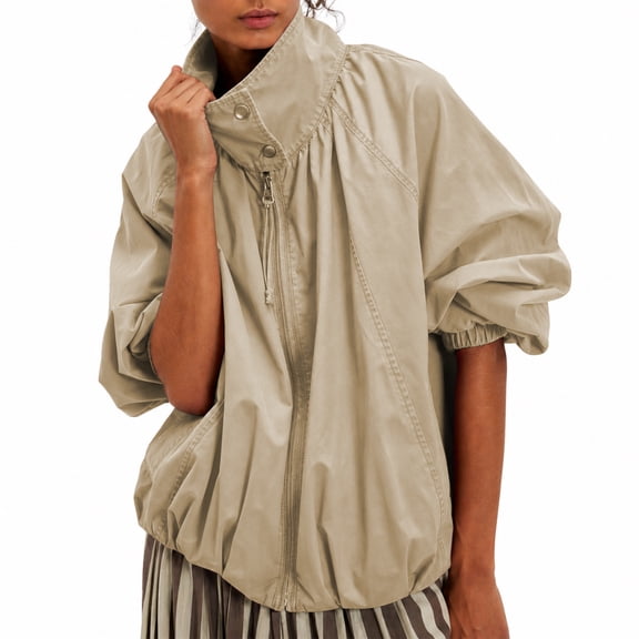 Oversized Bomber Jacket Women Stand Collar Windbreaker Polyester Fall Utility Coat