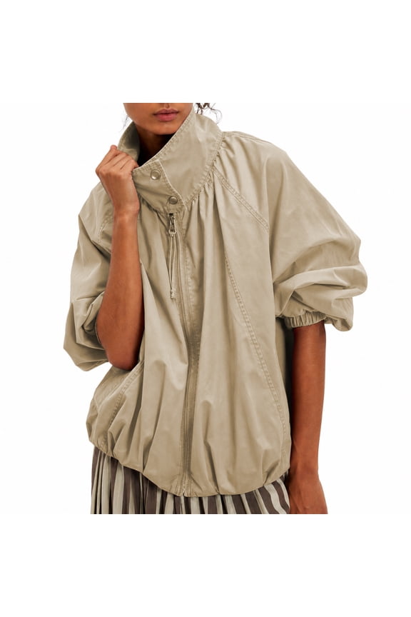 Oversized Bomber Jacket Women Stand Collar Windbreaker Polyester Fall Utility Coat