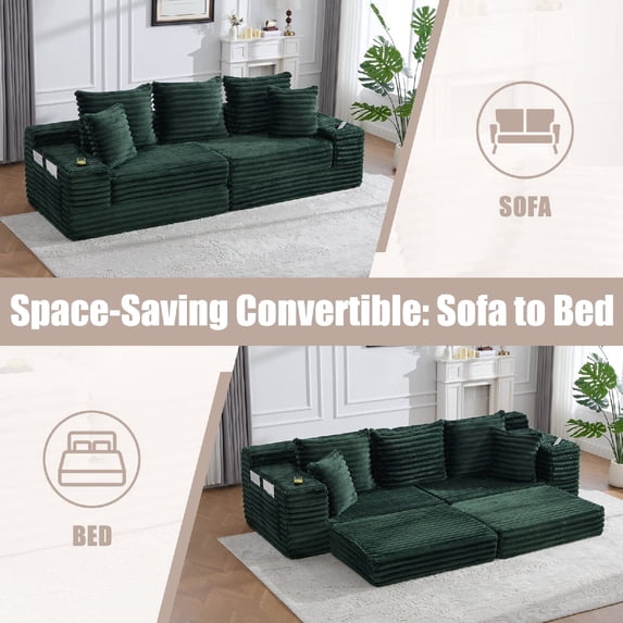 Oversized Boneless 4 Seats Sofa Couch with Cup Holder and Side Pockets, Upholstered Corduroy Sofa Couch Bed Cloud Couch with 3 Pillows and 2 Lumbar Pillows for Living Room, Apartmen, Emerald