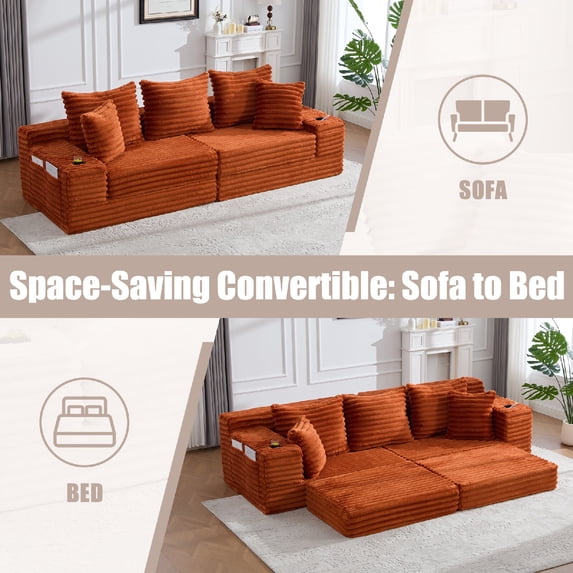 Oversized Boneless 4 Seats Sofa Couch with Cup Holder and Side Pockets, Upholstered Corduroy Sofa Couch Bed Cloud Couch with 3 Pillows and 2 Lumbar Pillows for Living Room, Apartmen, Orange