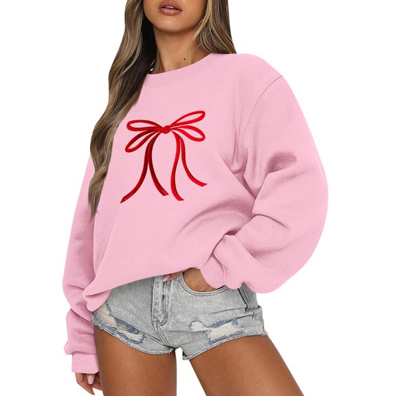 Oversized Bow Sweatshirts for Women Y2K Crew Neck Drop Shoulder Long Sleeve Cute Bow Pattern Pullover Tops 2026 Spring Outfits Trendy