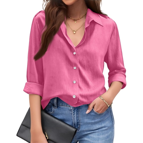 Oversized Button Down Shirt Women Cotton Linen Long Sleeve Loose Fit Boyfriend Shirt Casual Blouse Relaxed Top Office Chic Hot Pink 2XL