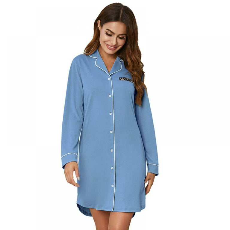 Oversized Button Down Shirts for Women, Long Sleeve Notch Collar Nightwear  Top Boyfriend Sleep Shirts Nightdress, Blue