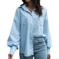 thumbnail image 1 of Oversized Button Down Shirts for Women Loose V Neck Collared Trendy Blouses Solid Color Lantern Long Sleeve Casual Tops, 1 of 7