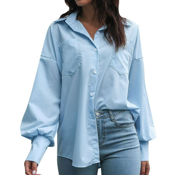 Oversized Button Down Shirts for Women Loose V Neck Collared Trendy Blouses Solid Color Lantern Long Sleeve Casual Tops
