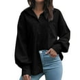 thumbnail image 1 of Women's Long Sleeve Tops Collared V-Neck Solid Color Casual Loose Work Office Blouses Button Down Shirt with Pockets, 1 of 7