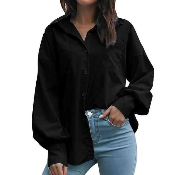 Oversized Button Down Shirts for Women Loose V Neck Collared Trendy Blouses Solid Color Lantern Long Sleeve Casual Tops