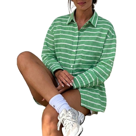 Oversized Button Down Shirts for Women Shirt Long Sleeve Collared Blouses with Pocket Beach Outfit Green XL
