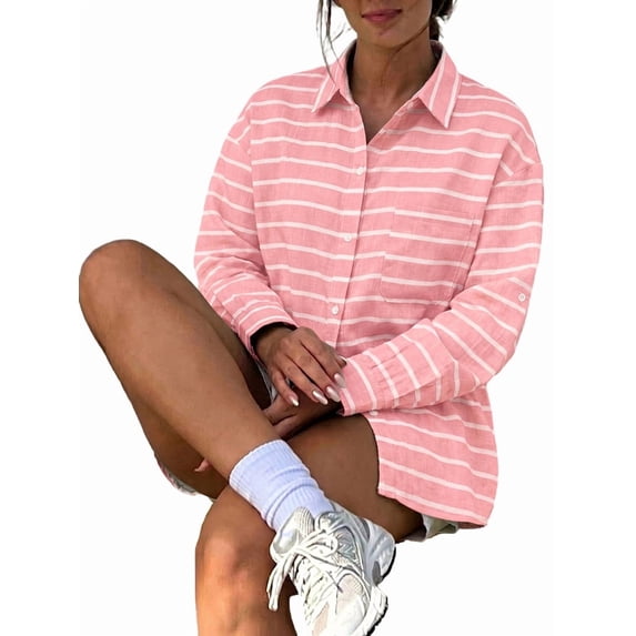 Oversized Button Down Shirts for Women Shirt Long Sleeve Collared Blouses with Pocket Beach Outfit Pink M