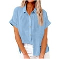 thumbnail image 1 of Oversized Button Down Short Sleeve Shirts for Women Front Pleated Casual Boyfriend Shirt Blouse Tops, 1 of 7