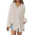 thumbnail image 1 of Oversized Button Down Shirts, Light Blue Summer-To-Fall Transition Tops Unisex-Inspired Denim Blouses Lapel For Petite Women Machine-Washable Linen-Look Downs Beige, 1 of 4