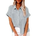 thumbnail image 1 of Oversized Button Down Shirts for Women, Comdrip Womens Button Down Shirts Short Sleeve Linen Cotton Collared Button Up Casual Blouses Oversized Tops with Pocket Cotton Shirts for Women Grey 2XL, 1 of 9