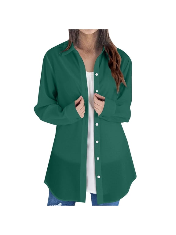 Oversized Button Down Shirts for Women, Yigetop Women Long Sleeve Solid Color Tops Long Loose Thin Plus Size Shirts Blouses Tops Button Up Shirt Women Green 2XL