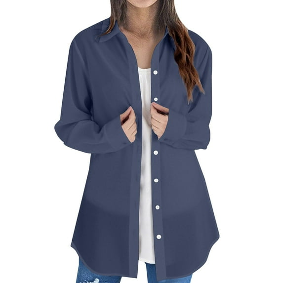 Oversized Button Down Shirts for Women, Yigetop Women Long Sleeve Solid Color Tops Long Loose Thin Plus Size Shirts Blouses Tops Button Up Shirt Women Navy S
