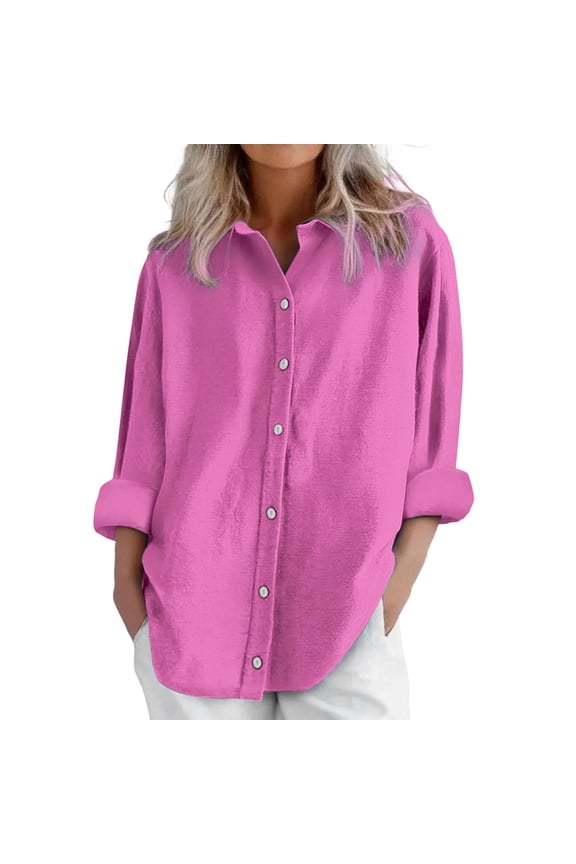 Oversized Button Down Tunic Shirt for Women Cotton Linen Work Shirts Mandarin Collar Shirt Women Solid Tunic Shirts Long Sleeve Tunics Shirts Long Sleeve Collared Shirts Tunic Tops Pink Xl