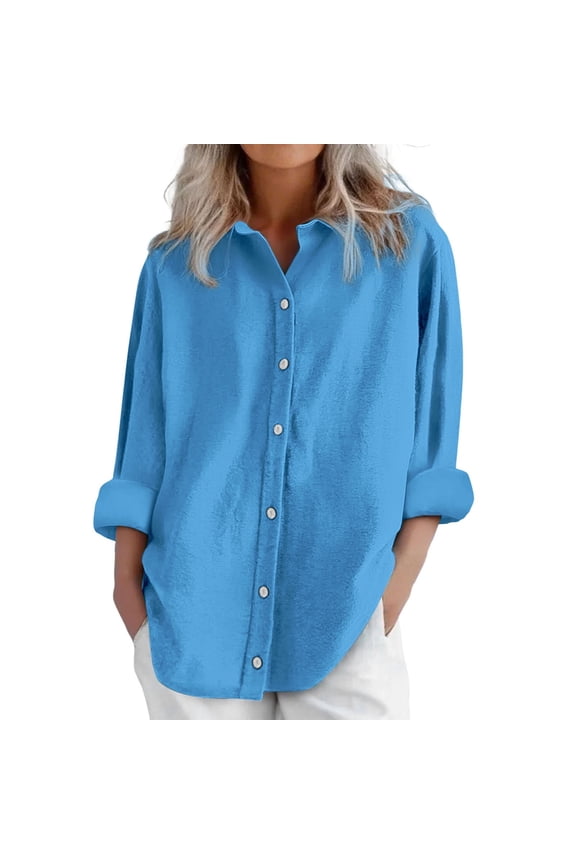 Oversized Button Down Tunic Shirt for Women Long Sleeve Collared Shirts Office Drop Shoulder Shirts Mandarin Collar Shirt Women Long Sleeve Tunics Shirts Chambray Shirt Women Basic Shirts Blue S