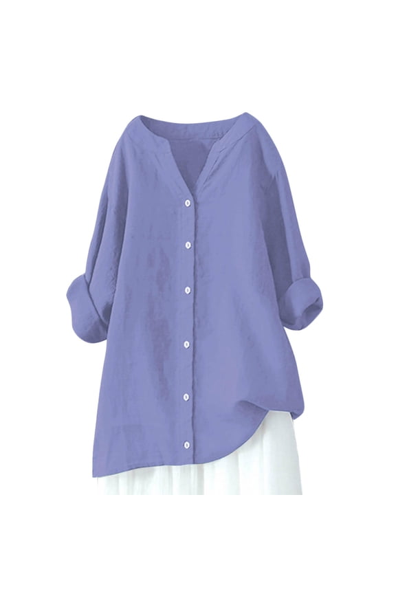 Oversized Button Up Linen Tops for Women Soft Long Sleeve Business Blouses Casual Tops Drop Shoulder Lightweight Outfit Purple 4XL