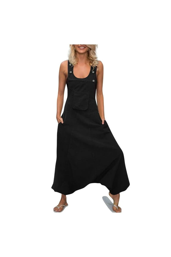 Oversized Buttons Suspender Jumpsuits for Women Square Neck Sleeveless Harems Pants Casual Loose Solid Rompers with Pocket Black,XL