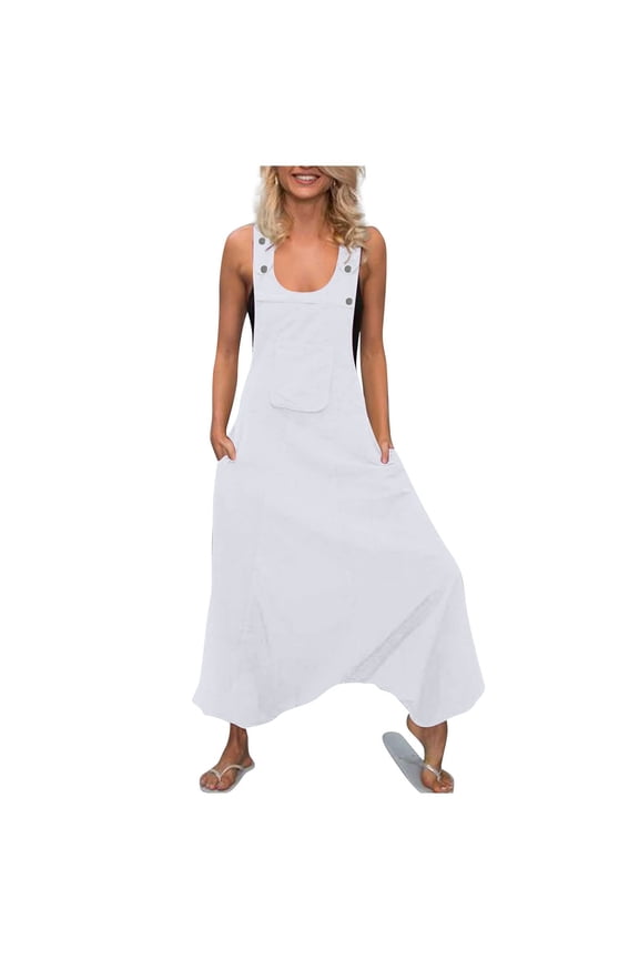 Oversized Buttons Suspender Jumpsuits for Women Square Neck Sleeveless Harems Pants Casual Loose Solid Rompers with Pocket White,XL