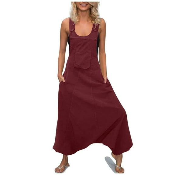 Oversized Buttons Suspender Jumpsuits for Women Square Neck Sleeveless Harems Pants Casual Loose Solid Rompers with Pocket Wine,2XL
