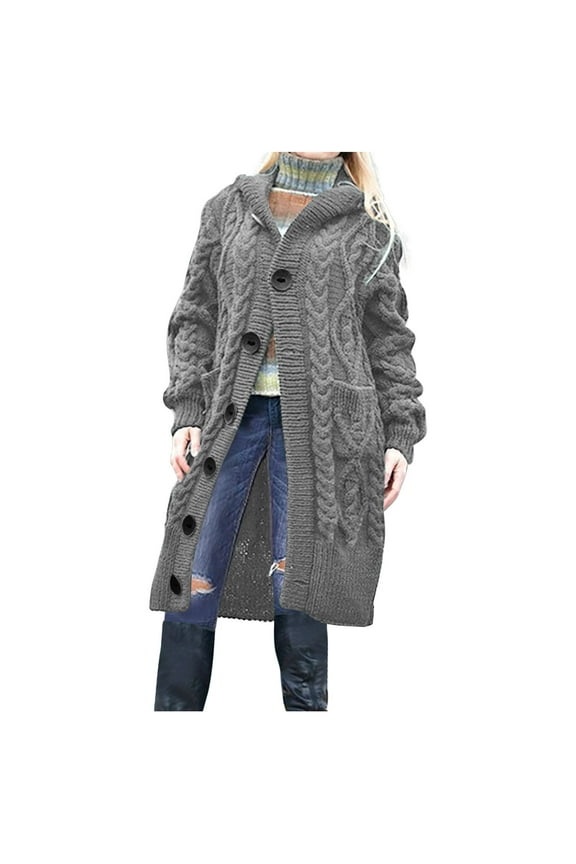 Oversized Cable Knit Long Sweater Hoodie for Women Button Up Mid Length Hooded Cardigan Jacket with Pockets S-3XL (3X-Large, Gray)