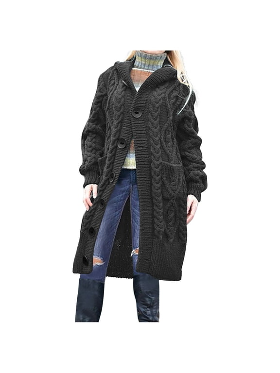 Oversized Cable Knit Long Sweater Hoodie for Women Button Up Mid Length Hooded Cardigan Jacket with Pockets S-3XL (Small, Black)