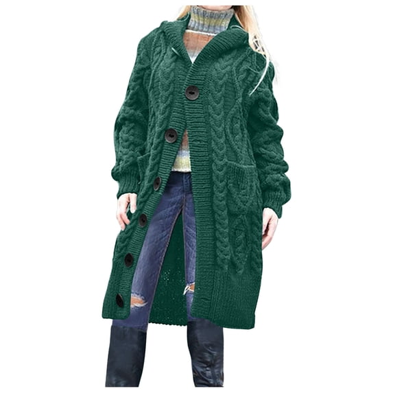 Oversized Cable Knit Long Sweater Hoodie for Women Button Up Mid Length Hooded Cardigan Jacket with Pockets S-3XL (XX-Large, Green)