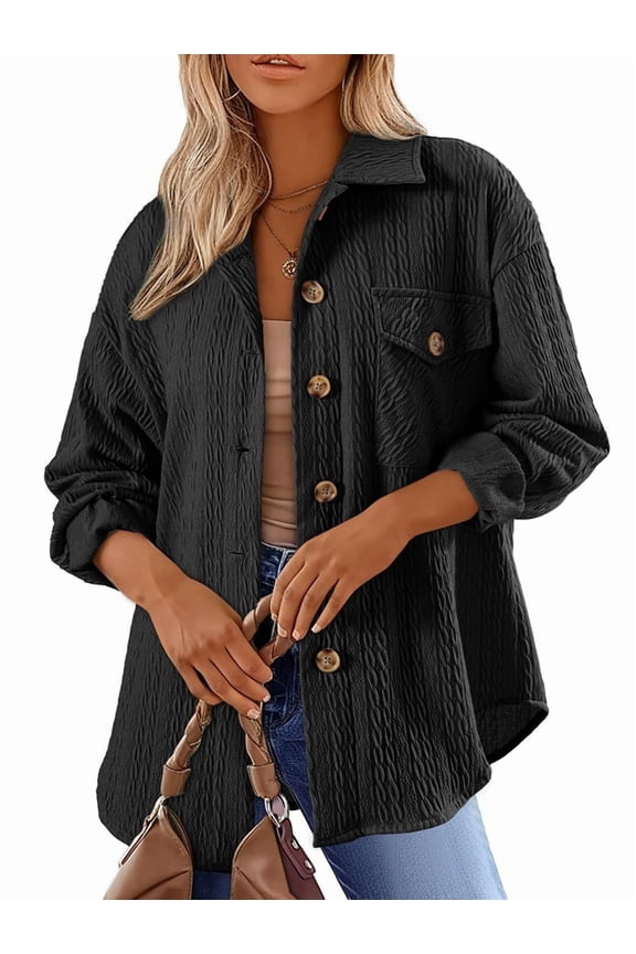 Oversized Cable Knit Shacket Shirts for Womens Button Down Long Sleeve Work Blouses Fall Fashion Tops Black XXL