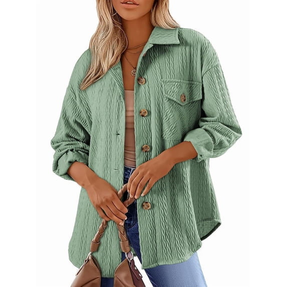 Oversized Cable Knit Shacket Shirts for Womens Button Down Long Sleeve Work Blouses Fall Fashion Tops Green L