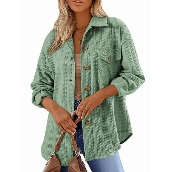 Oversized Cable Knit Shacket Shirts for Womens Button Down Long Sleeve Work Blouses Fall Fashion Tops Green XL