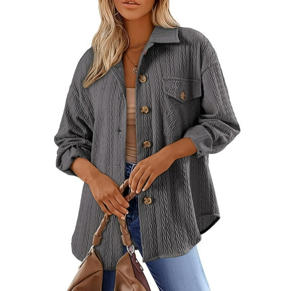 Oversized Cable Knit Shacket Shirts for Womens Button Down Long Sleeve Work Blouses Fall Fashion Tops Grey XL