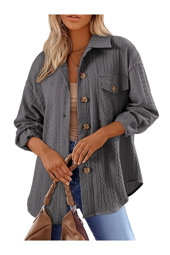 Oversized Cable Knit Shacket Shirts for Womens Button Down Long Sleeve Work Blouses Fall Fashion Tops Grey XL