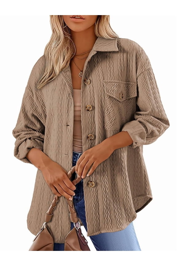 Oversized Cable Knit Shacket Shirts for Womens Button Down Long Sleeve Work Blouses Fall Fashion Tops Khaki M