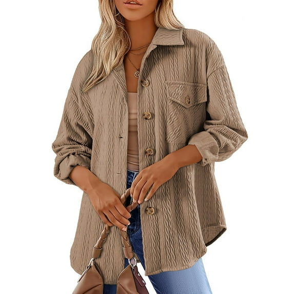 Oversized Cable Knit Shacket Shirts for Womens Button Down Long Sleeve Work Blouses Fall Fashion Tops Khaki S