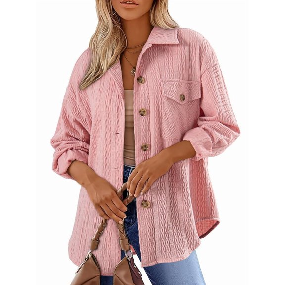 Oversized Cable Knit Shacket Shirts for Womens Button Down Long Sleeve Work Blouses Fall Fashion Tops Pink XL