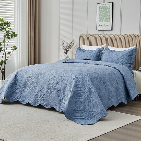 Oversized Cal King Bedspread 120x120 Lightweight Quilted Coverlet Set 3 Pieces 1 Quilt 2 Pillow Shams Soft Denim Luxury Bedding