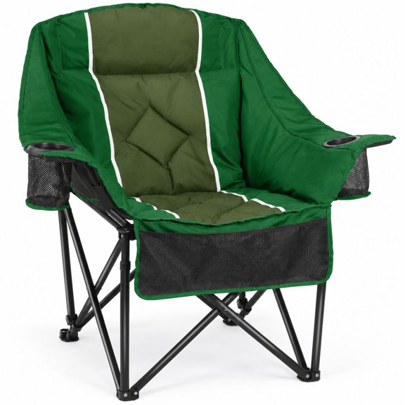 Oversized Camping Chair, 400 lb Capacity Padded Folding Chair with Wine Glass and Cup Holders, Juniper Green Alloy Steel, for RV and Tailgating