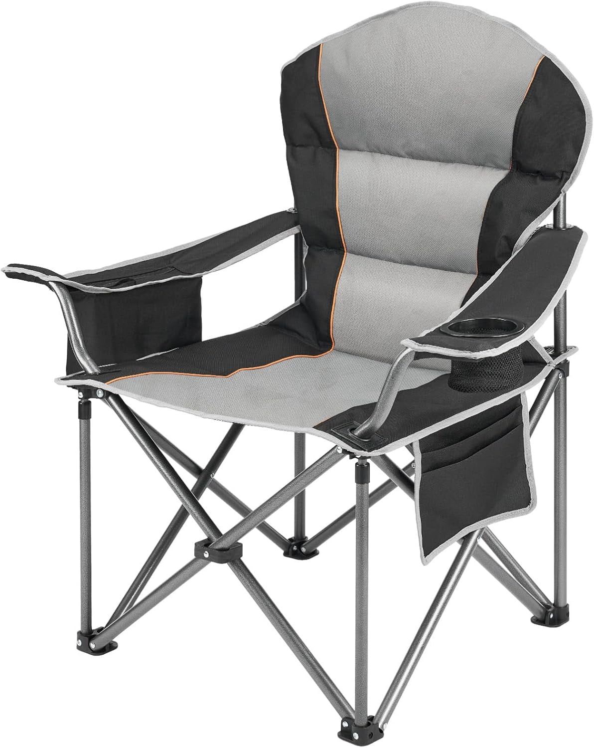 Oversized Camping Chair, Folding Chairs with Padded Back and Armrest, Steel Frame with Cooler Bag, Storage Netting Cup Holder, Black