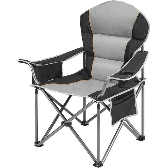 Oversized Camping Chair, Folding Chairs with Padded Back and Armrest, Steel Frame with Cooler Bag, Storage Netting Cup Holder, Black
