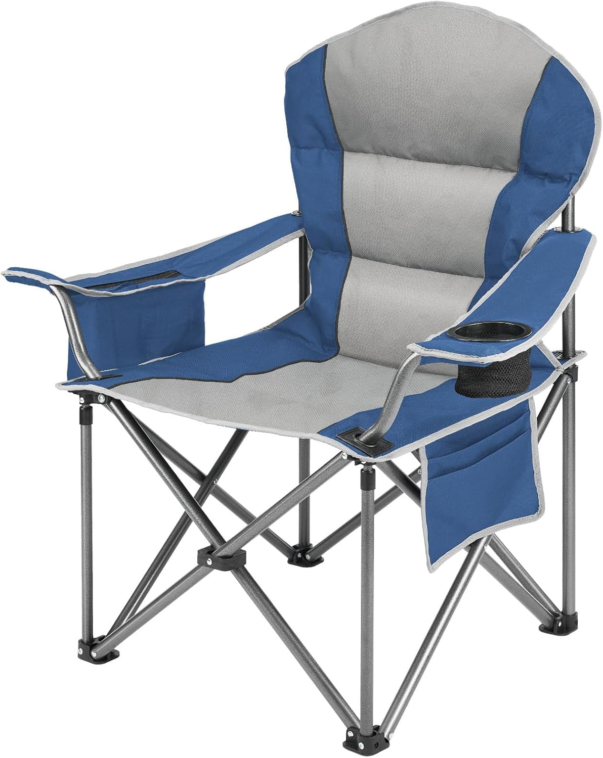 Oversized Camping Chair, Folding Chairs with Padded Back and Armrest, Steel Frame with Cooler Bag, Storage Netting Cup Holder, Blue