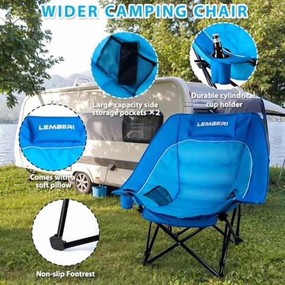 Oversized Camping Chair, Padded Folding Portable Camping Chair for Adults with 3 Levels Adjustable for Back, Outdoor Lawn Chairs with Side Mesh Pocket & Cup Holder, up to 500lbs, B