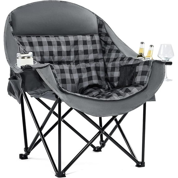 Oversized Camping Chairs for Adults - Heavy Duty Padded Outdoor Folding Lawn XL Camp Chair with Cup Holder Cooler Pockets for Outside Sports Beach Fishing Garden Portable Supports 500lbs, Black